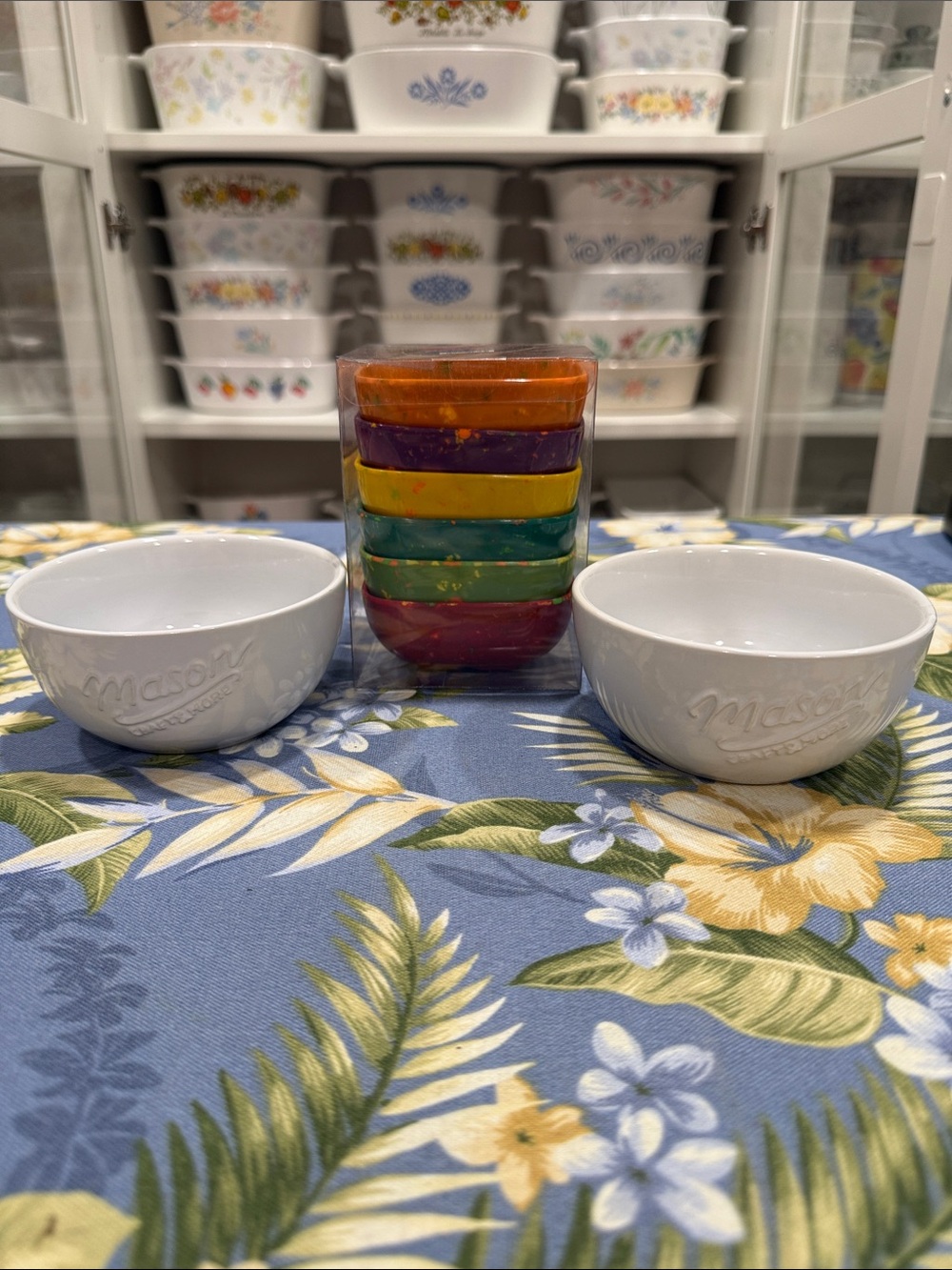 Mason White Prep Bowls with Stack of Colorful Ramekins